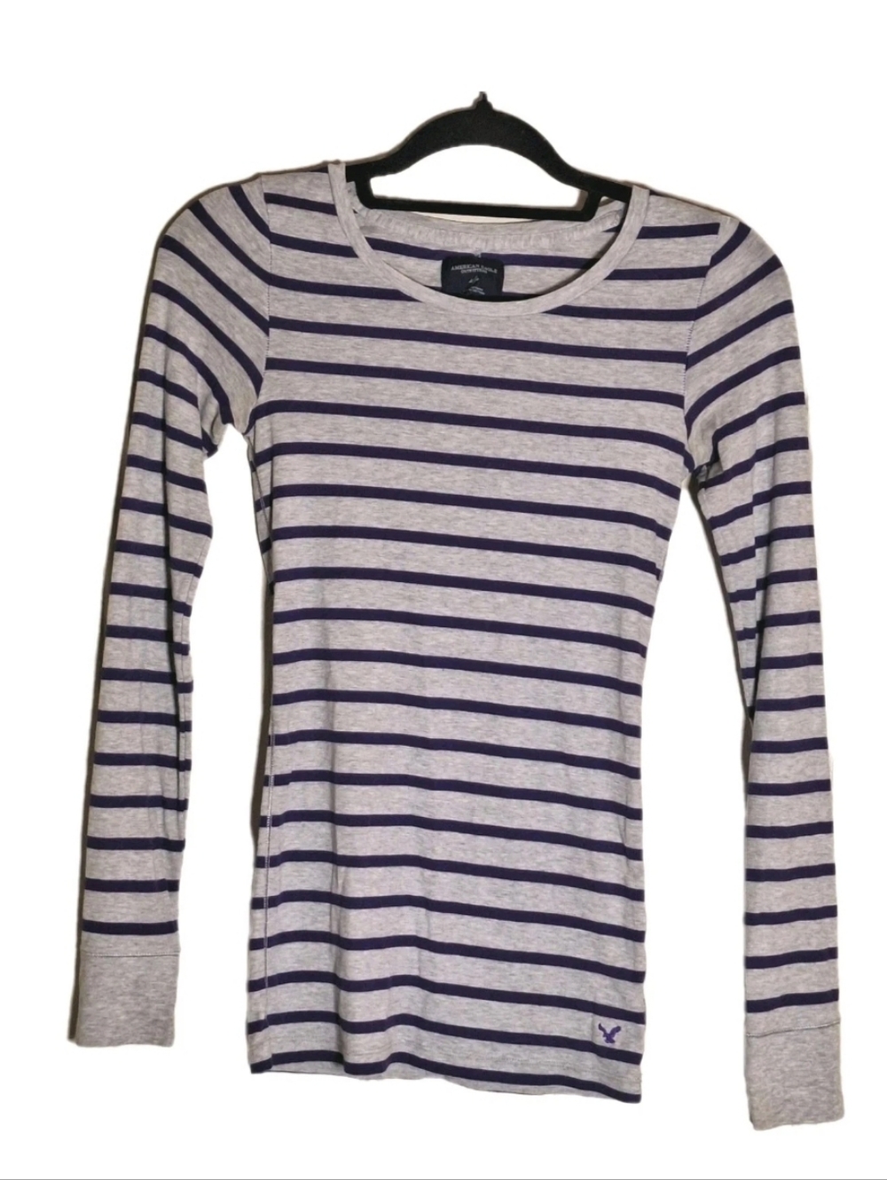 Y2K American Eagle Gray Purple Striped Preppy Long Sleeve Shirt Size XS Top